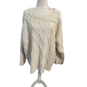 Indigo Soul Cream Lattice Cable Knit Diamond  Sweater Size 2X Oversized Relaxed